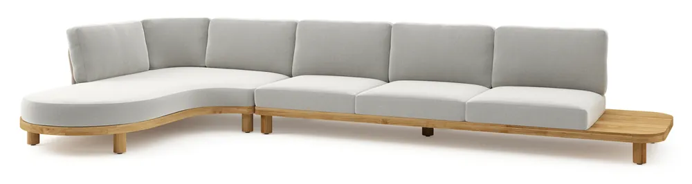 Donato loungehoek in teak en beige verticaal geweven ronde rope met all weather sunbrella® luxe Lopi Ash kussen Flitsaanbieding