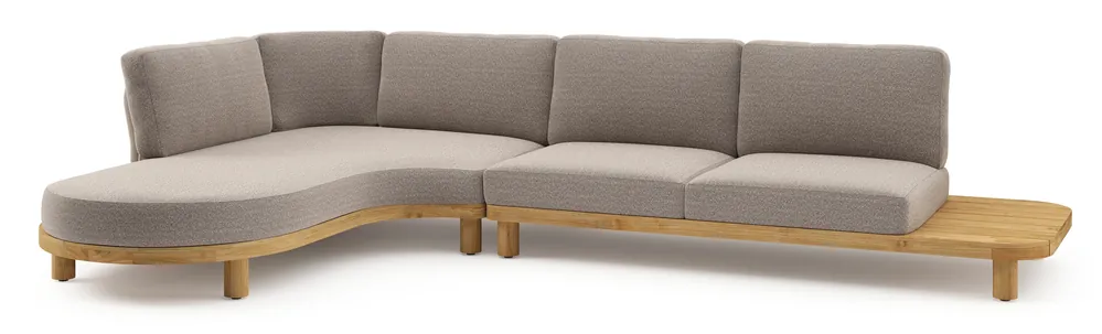 Beste Prijs Donato loungehoek in teak en beige verticaal geweven ronde rope met all weather sunbrella® luxe Wander Manioc kussen