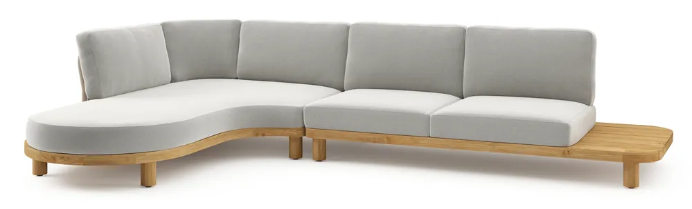Snelle Levering Donato loungehoek in teak en beige verticaal geweven ronde rope met all weather sunbrella® luxe Lopi Ash kussen