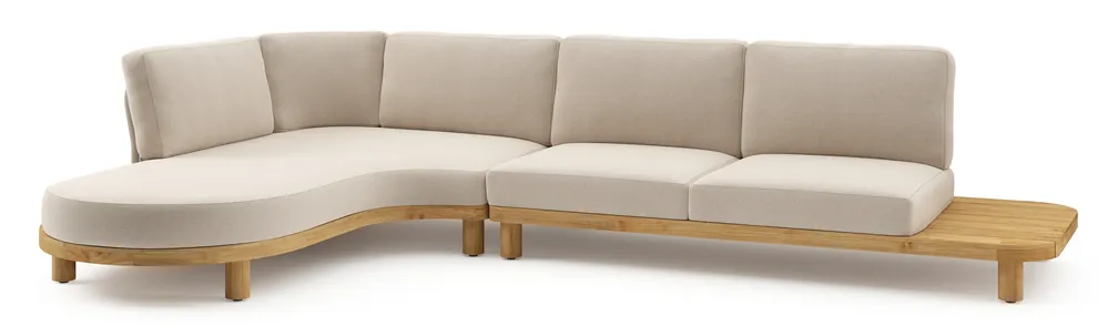 Weekendaanbieding Donato loungehoek in teak en beige verticaal geweven ronde rope met all weather sunbrella® luxe Heritage Ash kussen