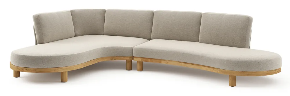Donato loungehoek in teak en beige verticaal geweven ronde rope met all weather cosytica Catania Greige kussen Speciale Aanbieding