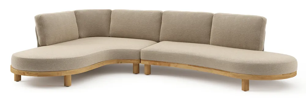 Bestseller Donato loungehoek in teak en beige verticaal geweven ronde rope met all weather cosytica Madagascar Oak kussen