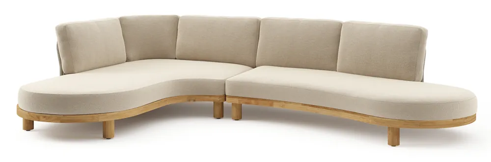 Donato loungehoek in teak en beige verticaal geweven ronde rope met all weather cosytica Althea Chalk kussen Shop Nu