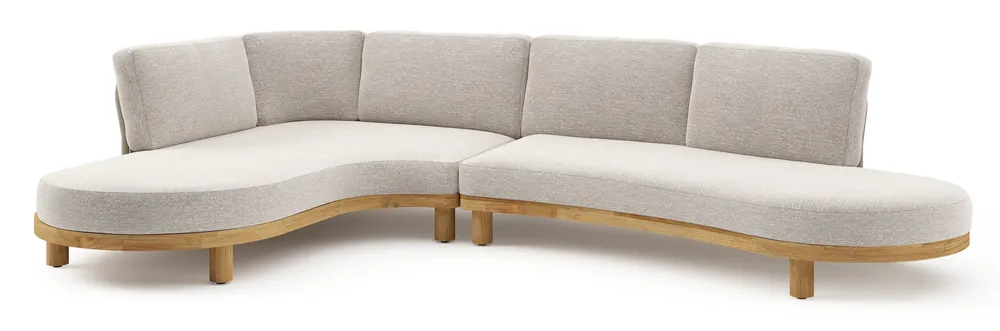 Donato loungehoek in teak en beige verticaal geweven ronde rope met all weather sunbrella® luxe Tundra Sand kussen Betaalbaar
