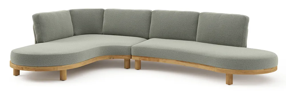 Donato loungehoek in teak en beige verticaal geweven ronde rope met all weather sunbrella® luxe Savane Leaf kussen Favoriet