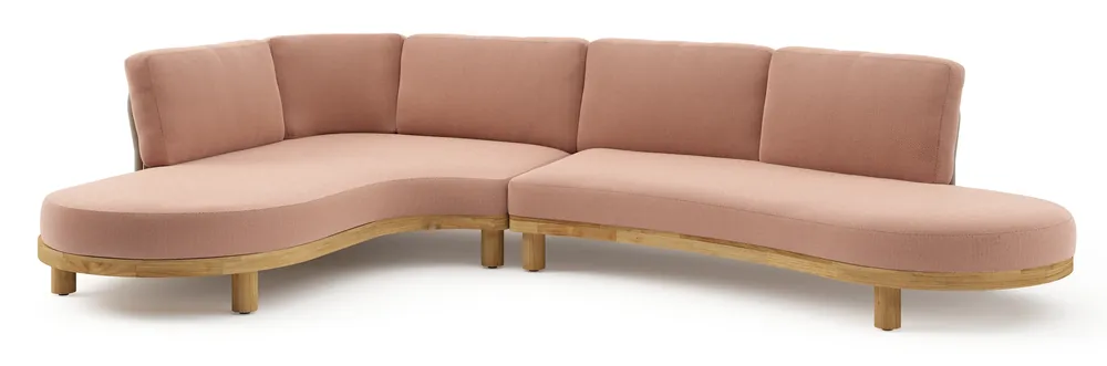 Exclusieve Aanbieding Donato loungehoek in teak en beige verticaal geweven ronde rope met all weather sunbrella® luxe Lopi Fawn kussen