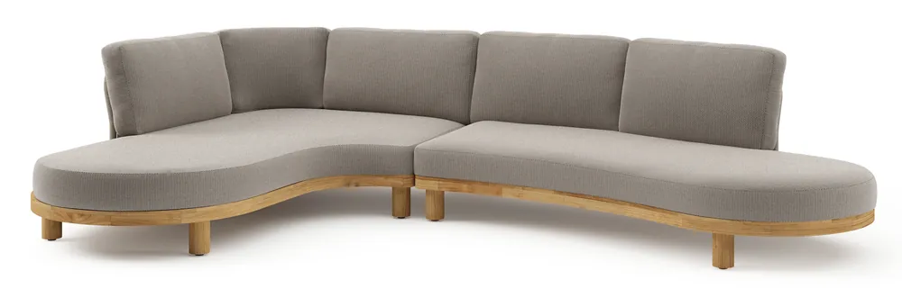 Donato loungehoek in teak en beige verticaal geweven ronde rope met all weather sunbrella® luxe Lopi Pepper kussen Finale Uitverkoop