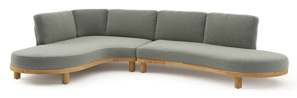 Donato loungehoek in teak en beige verticaal geweven ronde rope met all weather sunbrella® luxe Slow Fern kussen Alleen Vandaag