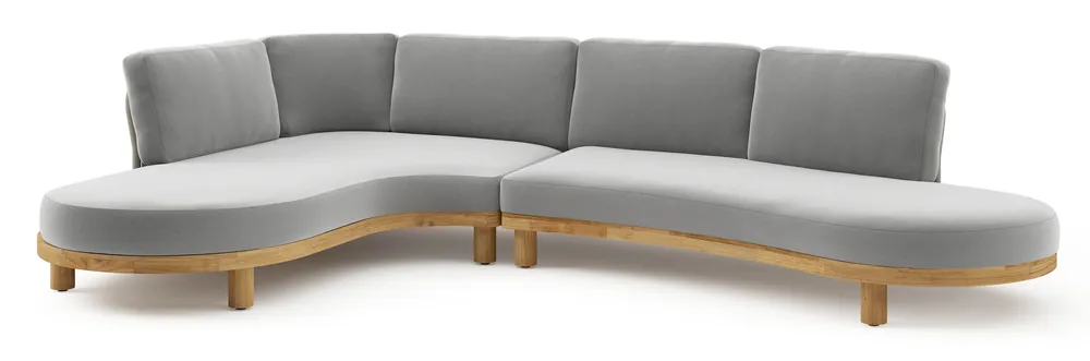 Beperkte Voorraad Donato loungehoek in teak en beige verticaal geweven ronde rope met all weather sunbrella® luxe Savane Grey kussen