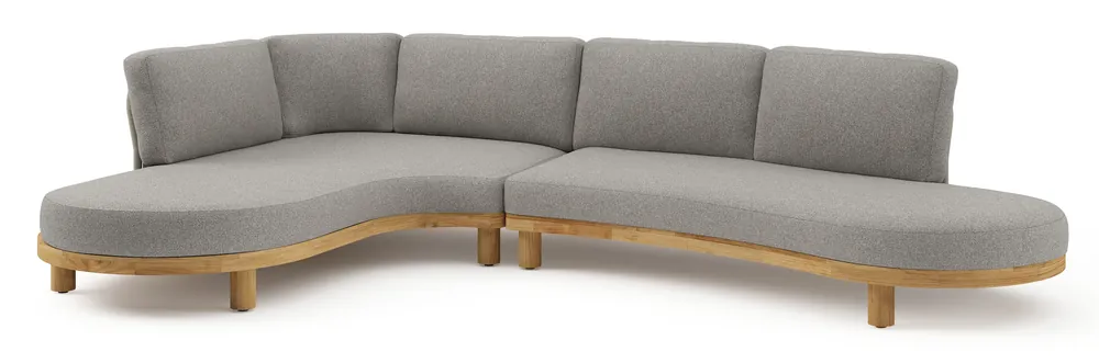 Laatste Versie Donato loungehoek in teak en beige verticaal geweven ronde rope met all weather sunbrella® luxe Tundra Charcoal kussen