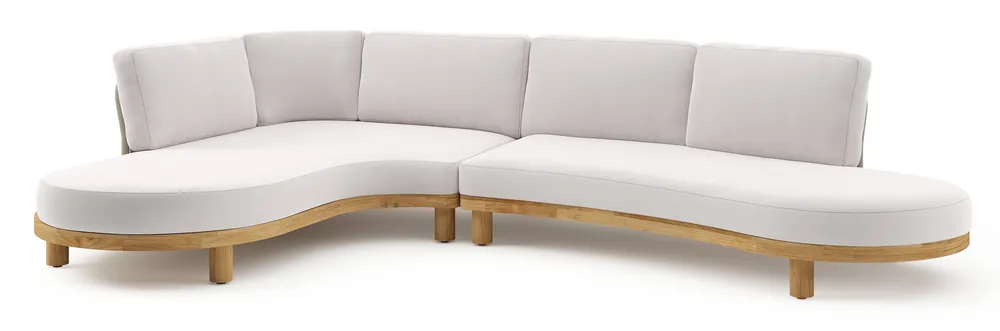 Donato loungehoek in teak en beige verticaal geweven ronde rope met all weather sunbrella® luxe Savane Whisper kussen Meest Verkocht