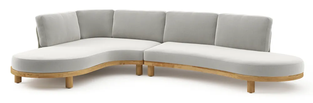 Donato loungehoek in teak en beige verticaal geweven ronde rope met all weather sunbrella® luxe Lopi Ash kussen Exclusieve Aanbieding
