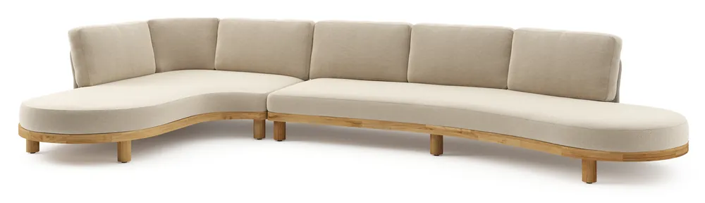 Donato loungehoek in teak en beige verticaal geweven ronde rope met all weather cosytica Althea Chalk kussen Korting
