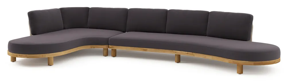 Koop Vandaag Donato loungehoek in teak en beige verticaal geweven ronde rope met all weather sunbrella® luxe Tundra Red kussen