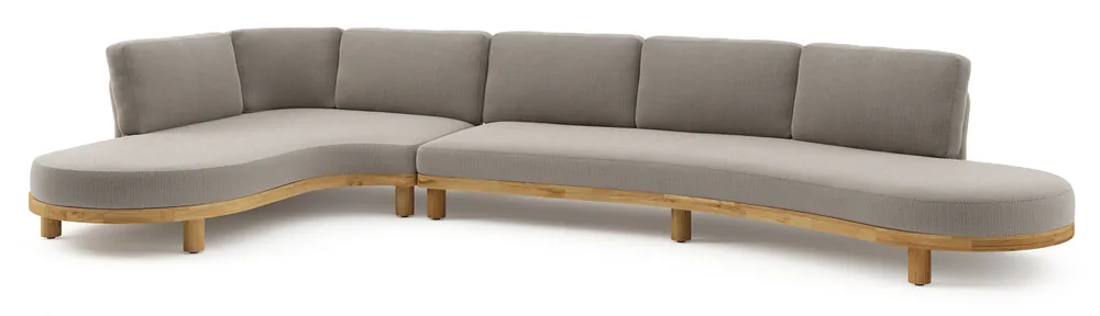 Rechtstreeks Van De Fabrikant Donato loungehoek in teak en beige verticaal geweven ronde rope met all weather sunbrella® luxe Lopi Pepper kussen
