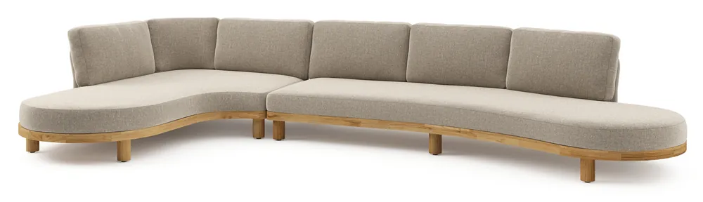 Donato loungehoek in teak en beige verticaal geweven ronde rope met all weather sunbrella® luxe Chartres Pewter kussen Gratis Retour