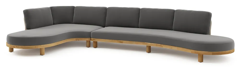Tijdelijk Beschikbaar Donato loungehoek in teak en beige verticaal geweven ronde rope met all weather sunbrella® luxe Natte Charcoal Chine kussen