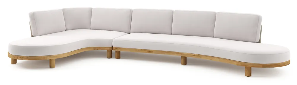 Donato loungehoek in teak en beige verticaal geweven ronde rope met all weather sunbrella® luxe Savane Whisper kussen Must-Have