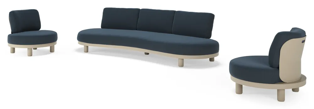 Koopje Donato loungeset in beige aluminium met all weather sunbrella® luxe Heritage Indigo kussen