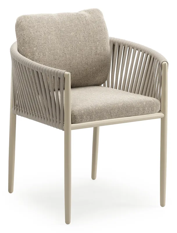 Koopje Organo tuinstoel in beige aluminium en beige verticaal geweven luxe vlakke rope met kussen in All Weather Sunbrella® Luxe Chartres Pewter