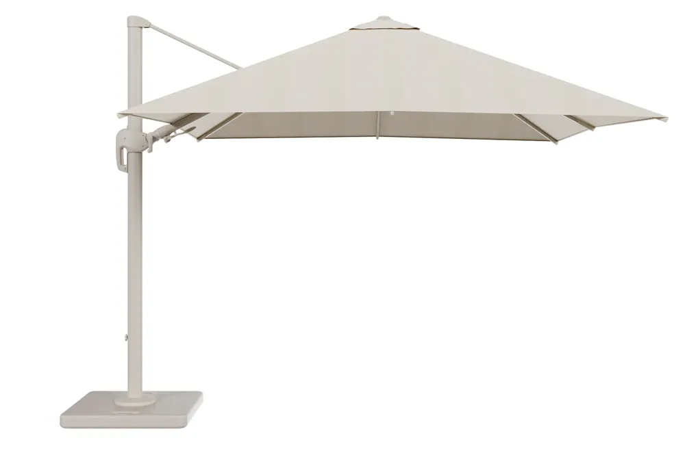 Rufina zweefparasol met tiltfunctie in beige aluminium en beige Sunbrella® Premium parasoldoek - L1 300 x L2 300 cm met parasolvoet Lapido 120 kg Beste Prijs
