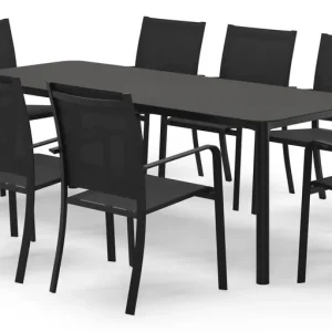 Weekendaanbieding Mira rechthoekige afgeronde tuinset in zwart aluminium en sintered stone notte minerale met 8 Calobra tuinstoelen