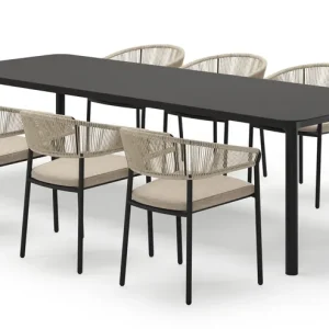 Weekendaanbieding Mira rechthoekige afgeronde tuinset in zwart aluminium en sintered stone notte minerale met 8 Zamora tuinstoelen