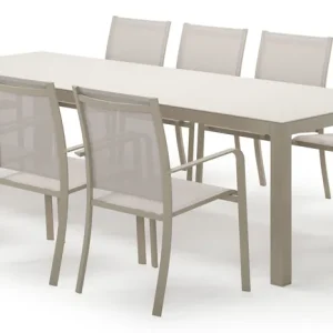 Aanbieding Varese rechthoekige tuinset in beige aluminium en sintered stone crema minerale met 10 Calobra tuinstoelen