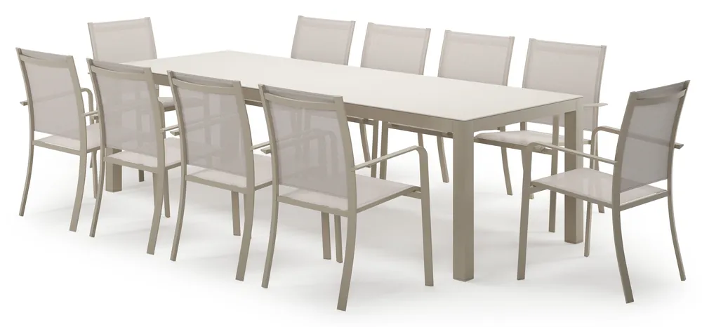 Aanbieding Varese rechthoekige tuinset in beige aluminium en sintered stone crema minerale met 10 Calobra tuinstoelen
