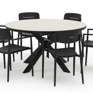 Weekendaanbieding Pamplona ronde tuinset in zwart aluminium en sintered stone crema minerale met 6 Cosa tuinstoelen