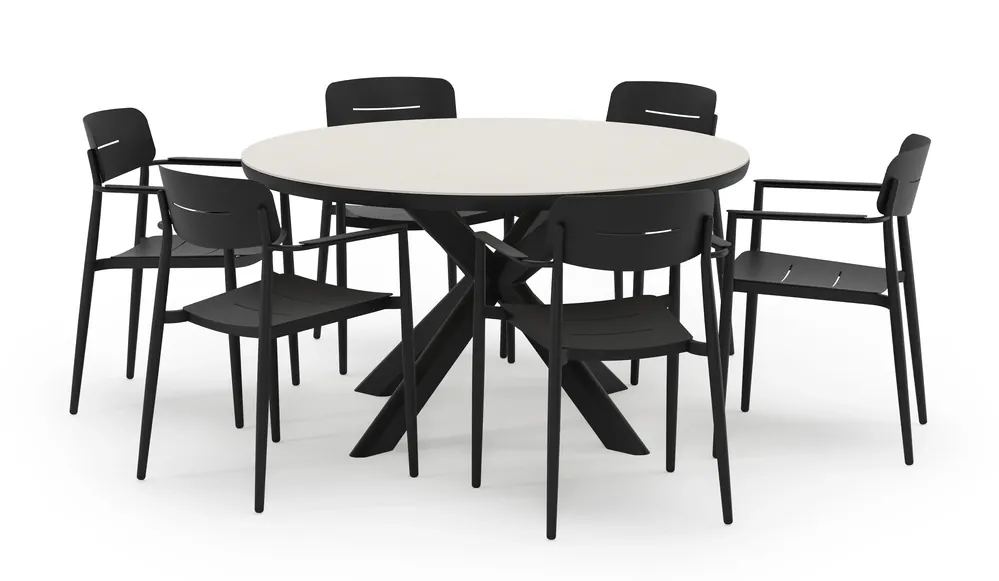 Weekendaanbieding Pamplona ronde tuinset in zwart aluminium en sintered stone crema minerale met 6 Cosa tuinstoelen