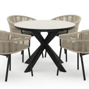 Weekendaanbieding Pamplona ronde tuinset in zwart aluminium en sintered stone crema minerale met 4 Matera tuinstoelen