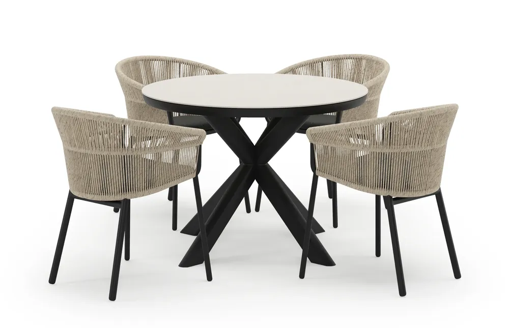 Weekendaanbieding Pamplona ronde tuinset in zwart aluminium en sintered stone crema minerale met 4 Matera tuinstoelen