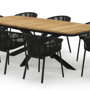 Aanbieding Pamplona bootvormige tuinset in zwart aluminium en teak natural finish met 8 Matera tuinstoelen