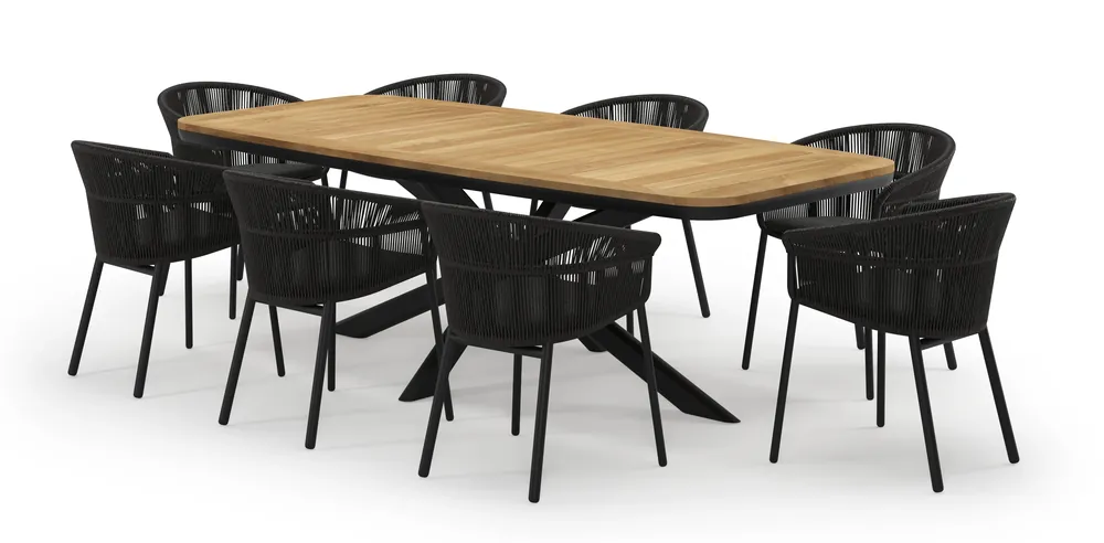 Aanbieding Pamplona bootvormige tuinset in zwart aluminium en teak natural finish met 8 Matera tuinstoelen