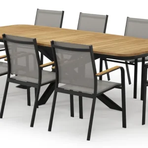 Weekendaanbieding Pamplona bootvormige tuinset in zwart aluminium en teak natural finish met 10 Amalfi tuinstoelen
