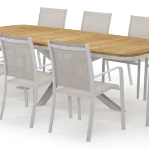 Weekendaanbieding Pamplona bootvormige tuinset in wit aluminium en teak natural finish met 10 Calobra tuinstoelen