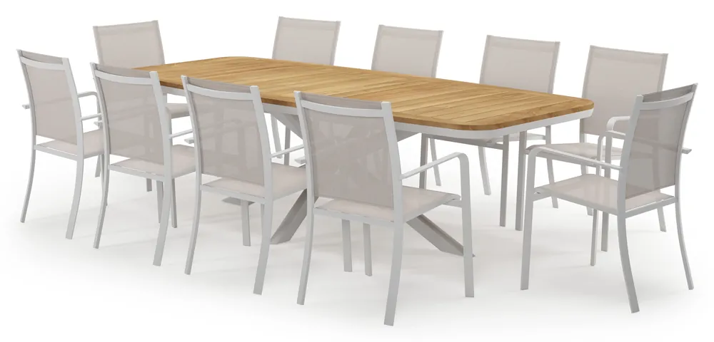 Weekendaanbieding Pamplona bootvormige tuinset in wit aluminium en teak natural finish met 10 Calobra tuinstoelen