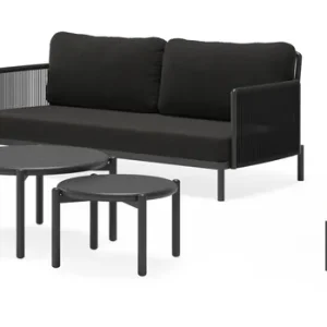 Veilige Betaling Amarante loungeset in zwart aluminium en zwart verticaal geweven ronde rope met zwart Weather+ Softtouch kussen