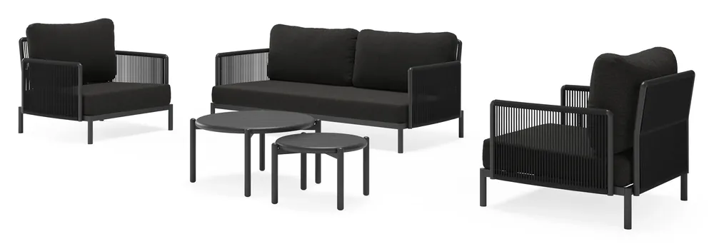 Veilige Betaling Amarante loungeset in zwart aluminium en zwart verticaal geweven ronde rope met zwart Weather+ Softtouch kussen