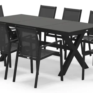 Aanbieding Bahia tuinset rechthoekig in zwart aluminium en sintered stone zwart met 8 Bahia tuinstoelen