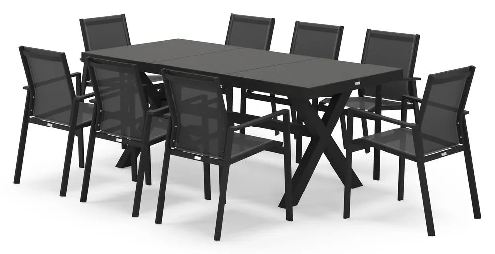 Aanbieding Bahia tuinset rechthoekig in zwart aluminium en sintered stone zwart met 8 Bahia tuinstoelen