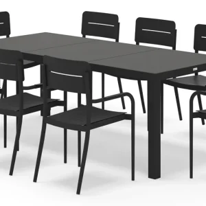 Toma tuinset rechthoekig in zwart aluminium en sintered stone zwart met 8 Salto tuinstoelen Exclusieve Aanbieding