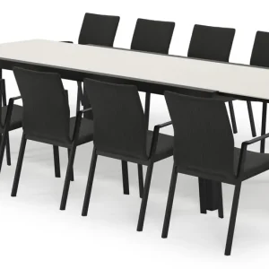 Weekendaanbieding Calobra rechthoekige uitschuifbare tuinset in zwart aluminium en sintered stone crema minerale met 10 Madura tuinstoelen
