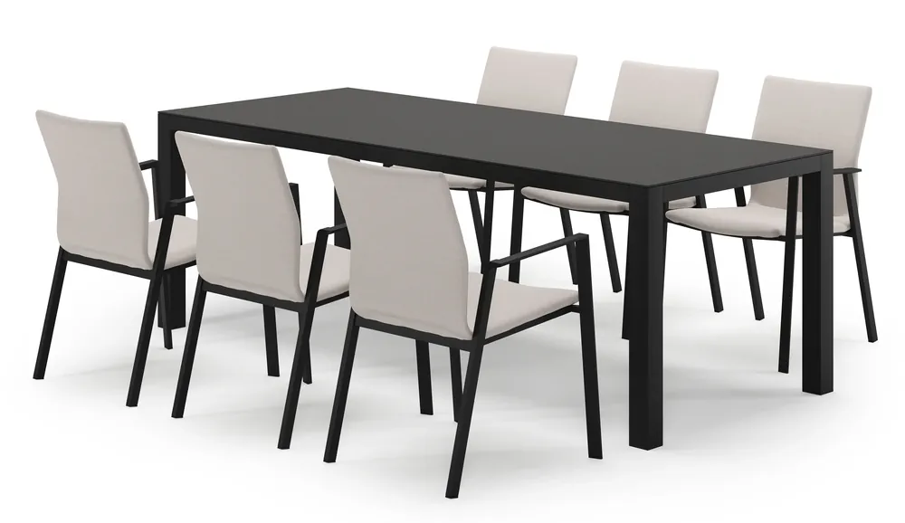 Aanbieding Varese rechthoekige tuinset in zwart aluminium en sintered stone notte minerale met 6 Madura tuinstoelen