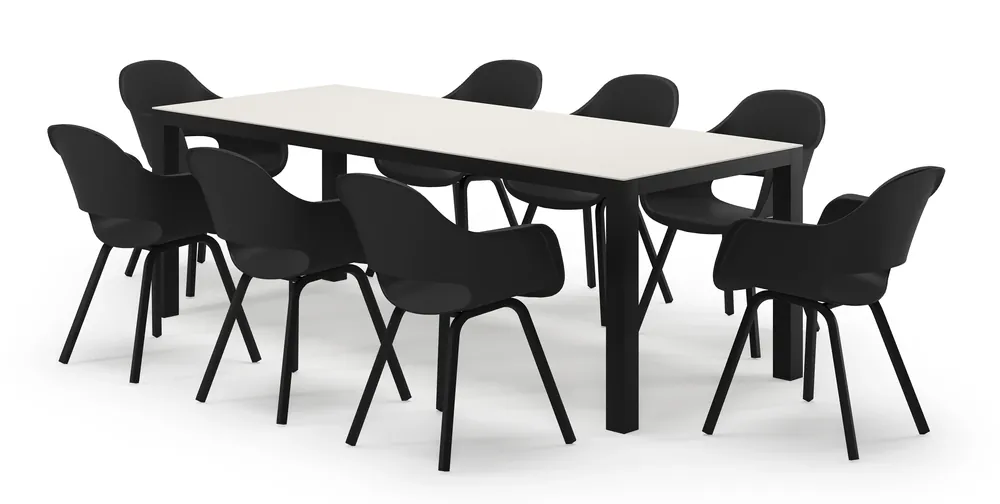 Aanbieding Varese rechthoekige tuinset in zwart aluminium en sintered stone crema minerale met 8 Artena tuinstoelen
