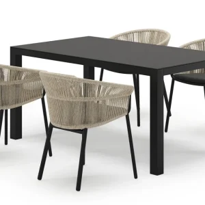 Voordeelprijs Varese rechthoekige tuinset in zwart aluminium en sintered stone notte minerale met 4 Matera tuinstoelen