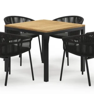 Weekendaanbieding Feltro vierkante tuinset in zwart aluminium en teak natural finish met 4 Matera tuinstoelen
