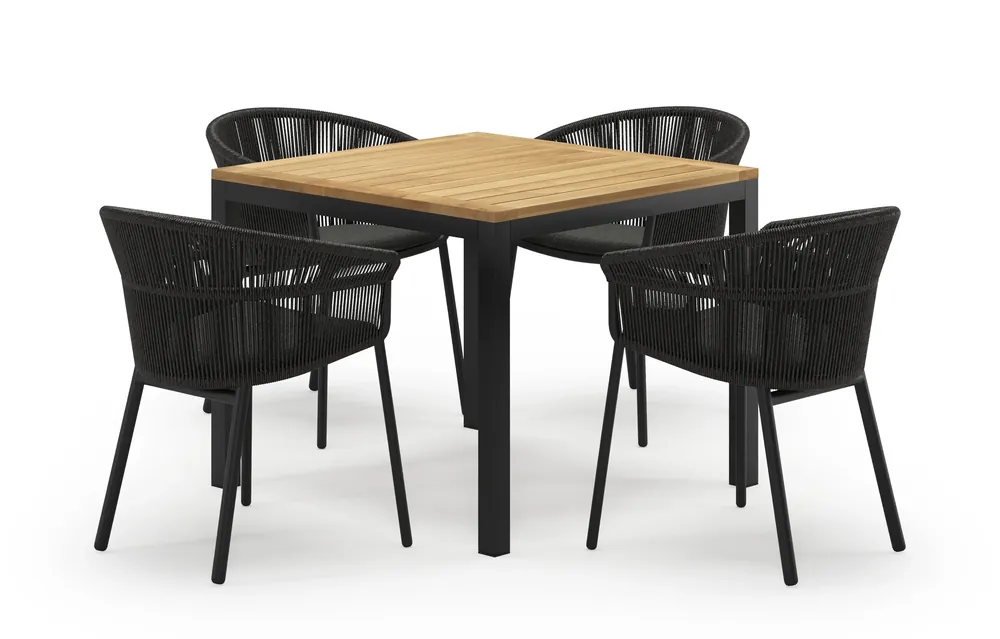 Weekendaanbieding Feltro vierkante tuinset in zwart aluminium en teak natural finish met 4 Matera tuinstoelen