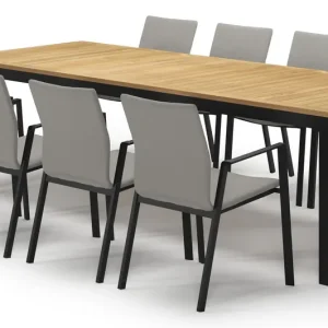 Weekendaanbieding Varese tuinset in zwart aluminium en teak tafelblad met 8 stapelbare Madura tuinstoelen